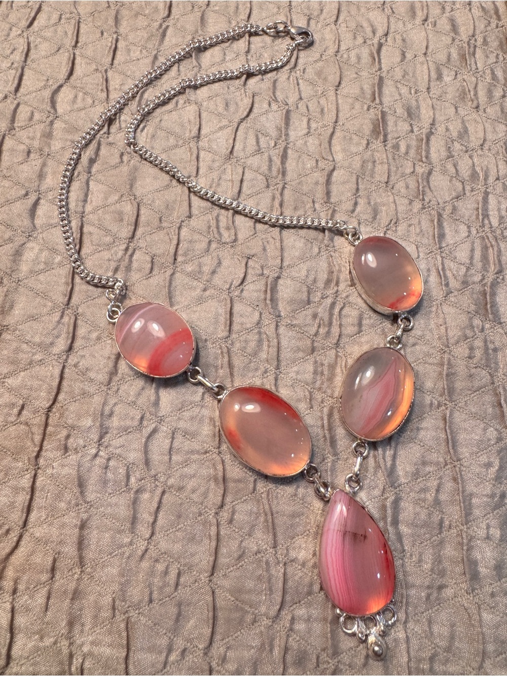 925 Sterling Silver Pink Botswana Teardrop Statement Necklace